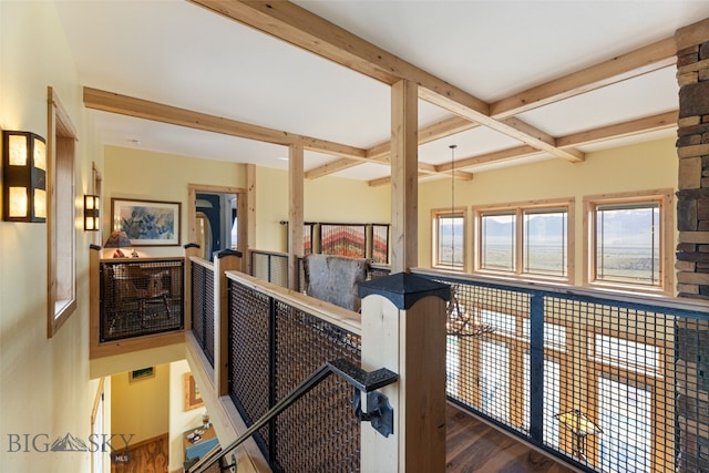 95 Foothill Trl, Ennis, MT 59729 - hallway with beamed ceiling, wood finished floors, and coffered ceiling