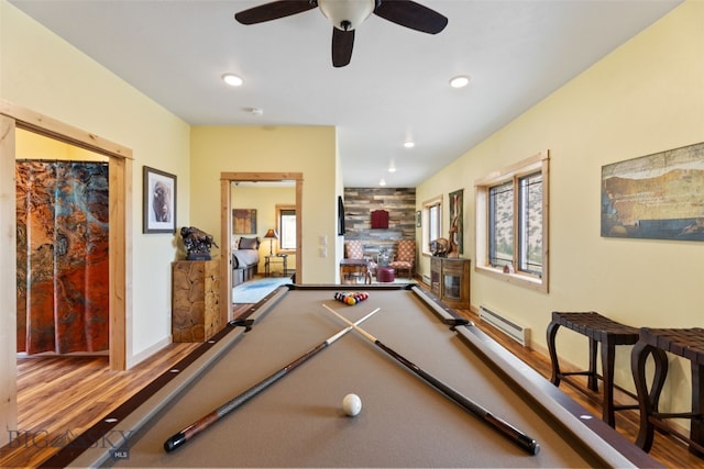 95 Foothill Trl, Ennis, MT 59729 - rec room with baseboard heating, a fireplace, a ceiling fan, recessed lighting, and billiards
