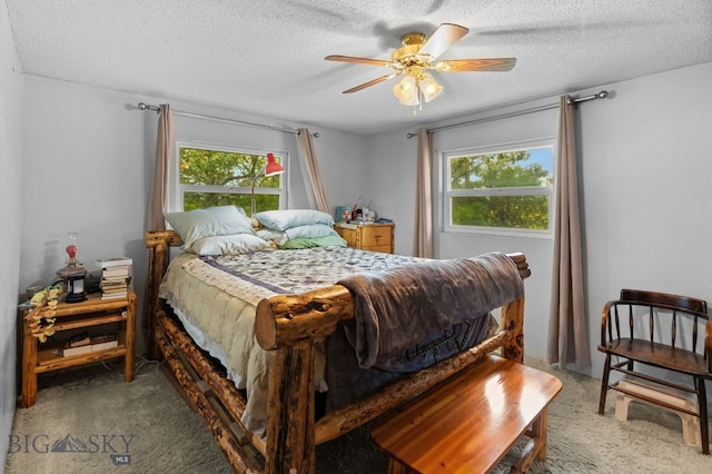 1125 Webster Ln, Dillon, MT 59725 - bedroom with multiple windows, light carpet, a textured ceiling, and ceiling fan