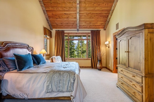 83 Peaks View Dr, Big Sky, MT 59718 - bedroom with a wooden ceiling with exposed beams, light carpet, and high vaulted ceiling