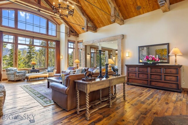 83 Peaks View Dr, Big Sky, MT 59718 - living room featuring high vaulted ceiling, hardwood / wood-style flooring, a wood ceiling with exposed beams, and a chandelier