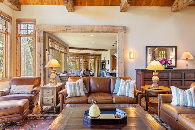 83 Peaks View Dr, Big Sky, MT 59718 - living area with wood finished floors, healthy amount of natural light, and a wooden ceiling with exposed beams