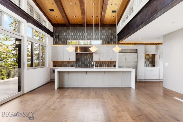93 Goshawk Trl, Big Sky, MT 59716 - kitchen featuring wooden ceiling, ventilation hood, built in fridge, light countertops, and white cabinetry