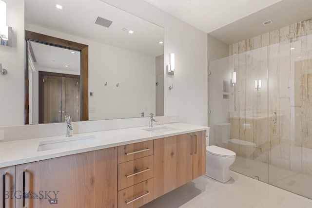 93 Goshawk Trl, Big Sky, MT 59716 - full bathroom with double vanity, a stall shower, and recessed lighting