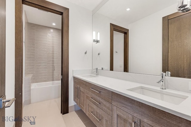 93 Goshawk Trl, Big Sky, MT 59716 - full bathroom with double vanity, tile patterned flooring, and shower / bathtub combination