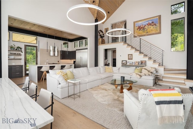 225 Alpen Strasse St, Bozeman, MT 59715 - living area with wood finished floors, high vaulted ceiling, stairway, and wooden ceiling