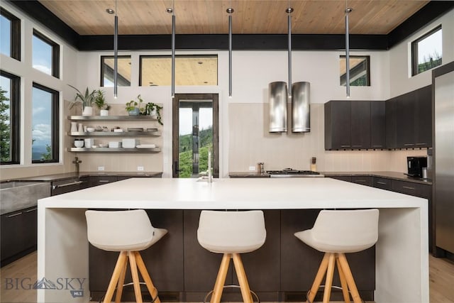 225 Alpen Strasse St, Bozeman, MT 59715 - kitchen featuring wood ceiling, modern cabinets, light wood-style floors, plenty of natural light, and a breakfast bar area