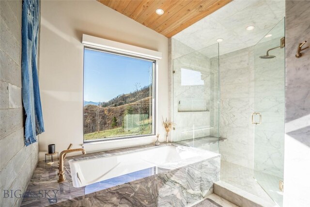 225 Alpen Strasse St, Bozeman, MT 59715 - bathroom featuring recessed lighting, a marble finish shower, a garden tub, wood ceiling, and vaulted ceiling