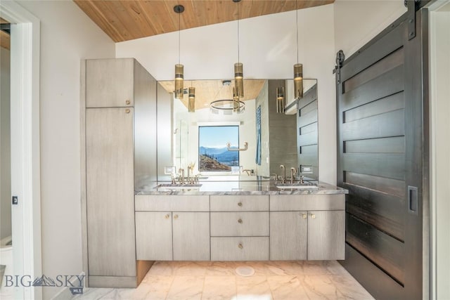 225 Alpen Strasse St, Bozeman, MT 59715 - full bathroom with double vanity, wooden ceiling, and marble finish flooring