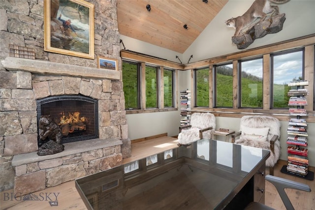 225 Alpen Strasse St, Bozeman, MT 59715 - dining area featuring wood finished floors, wooden ceiling, a stone fireplace, and high vaulted ceiling