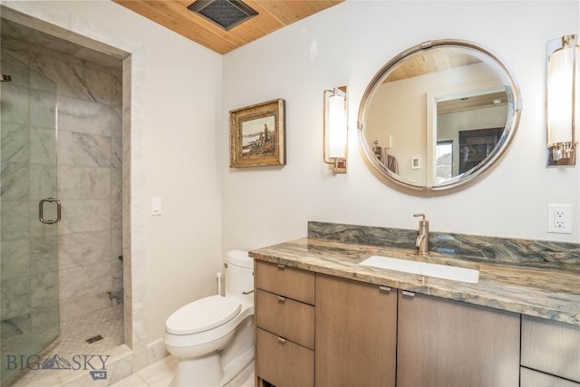 225 Alpen Strasse St, Bozeman, MT 59715 - full bath with vanity, a shower stall, and wood ceiling