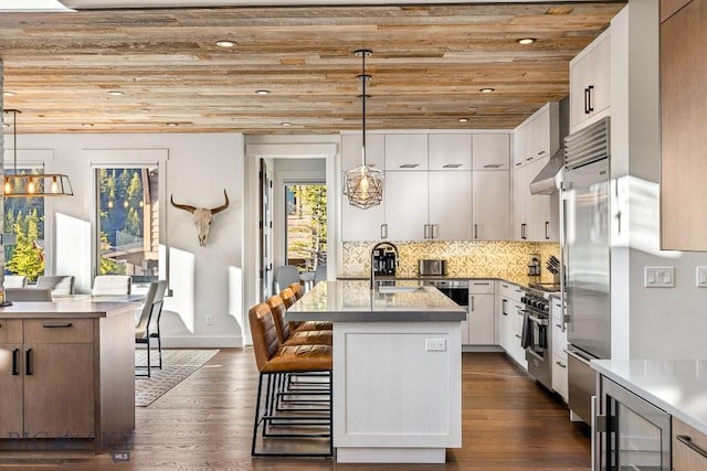 425 Outlook Trl, Big Sky, MT 59716 - kitchen with beverage cooler, wood ceiling, a breakfast bar, dark wood-style flooring, and high end appliances
