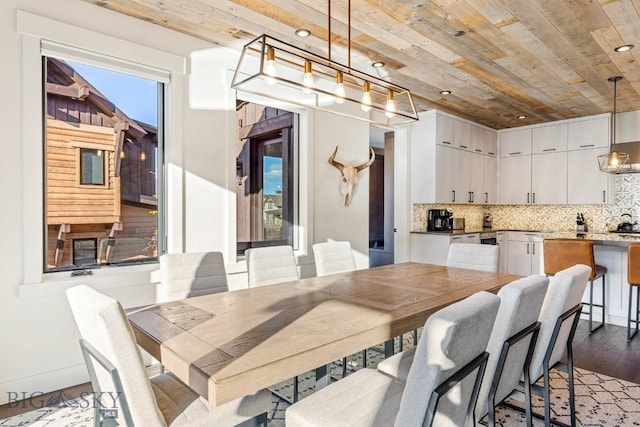 425 Outlook Trl, Big Sky, MT 59716 - dining area with wooden ceiling, wood finished floors, and recessed lighting