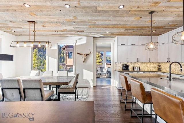 425 Outlook Trl, Big Sky, MT 59716 - dining area with wood ceiling, dark wood finished floors, and recessed lighting