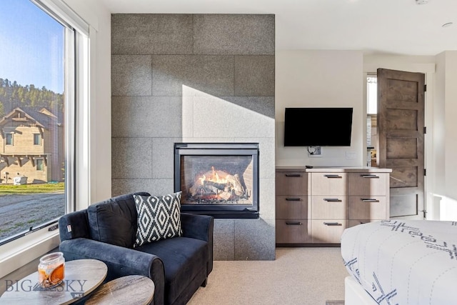 425 Outlook Trl, Big Sky, MT 59716 - bedroom featuring light colored carpet and a tiled fireplace