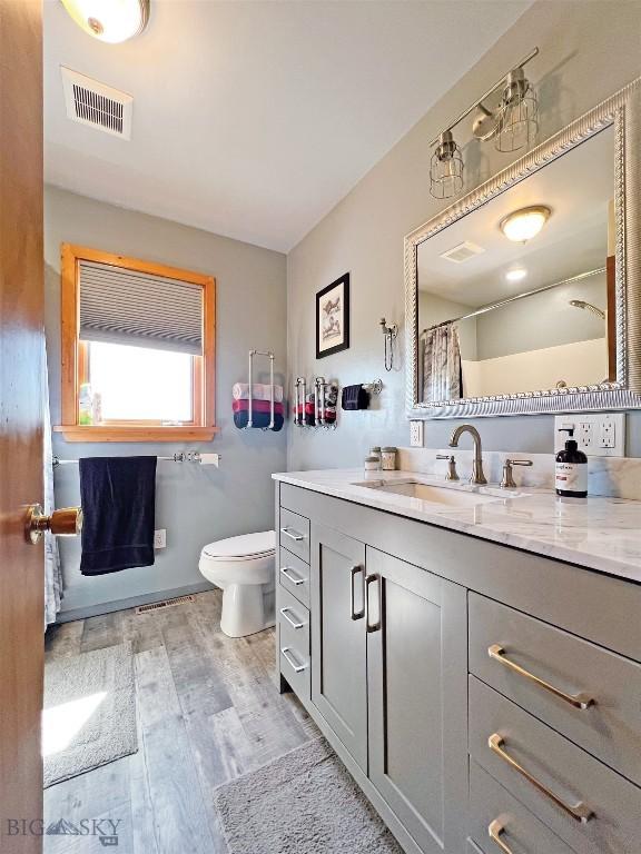 143 Aurora Ln, Dillon, MT 59725 - bathroom with vanity, wood finished floors, and a shower with curtain