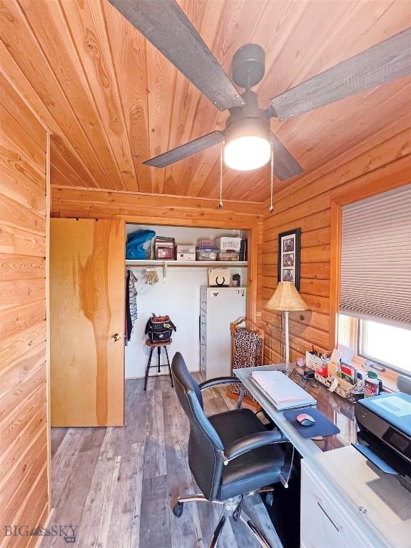 143 Aurora Ln, Dillon, MT 59725 - office space featuring wooden ceiling, wooden walls, wood-type flooring, and a ceiling fan