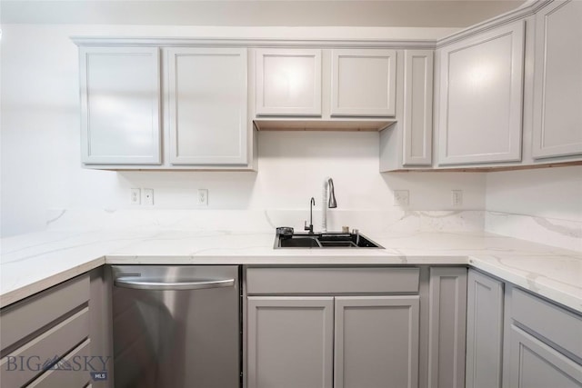 1010 Cruiser Ln Unit M, Belgrade, MT 59714 - kitchen with stainless steel dishwasher, gray cabinets, and light stone countertops
