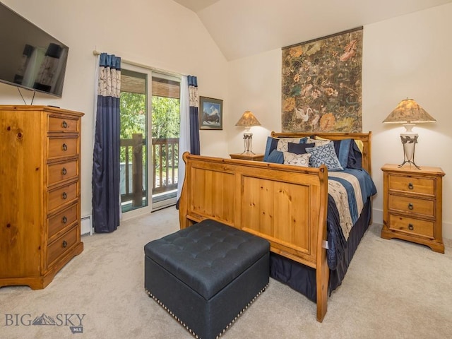 80 Crail Creek Ct Unit 616, Big Sky, MT 59716 - bedroom featuring light carpet, access to exterior, lofted ceiling, and a baseboard radiator