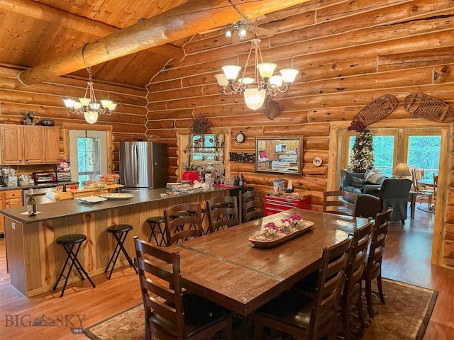 6 Arrowpoint, Silver Gate, MT 59081 - dining area featuring a chandelier, log walls, light wood-style flooring, and wooden ceiling