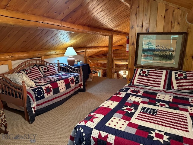 6 Arrowpoint, Silver Gate, MT 59081 - bedroom featuring log walls, wooden ceiling, and carpet floors