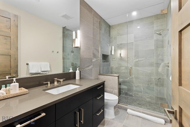580 Outlook Trl Unit 42, Big Sky, MT 59730 - bathroom with vanity, a stall shower, tile walls, and recessed lighting