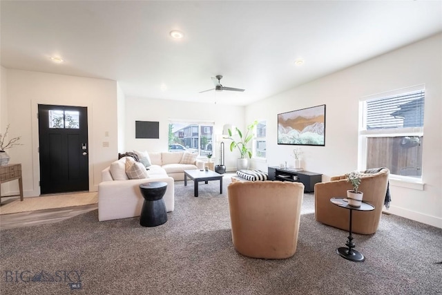 1306 Scooter Ln, Belgrade, MT 59714 - carpeted living area with ceiling fan and recessed lighting