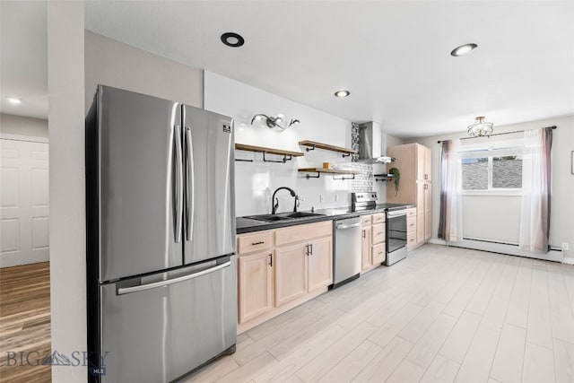 1304 Absaroka Ct, Livingston, MT 59047 - kitchen with appliances with stainless steel finishes, dark countertops, light brown cabinets, a baseboard radiator, and open shelves
