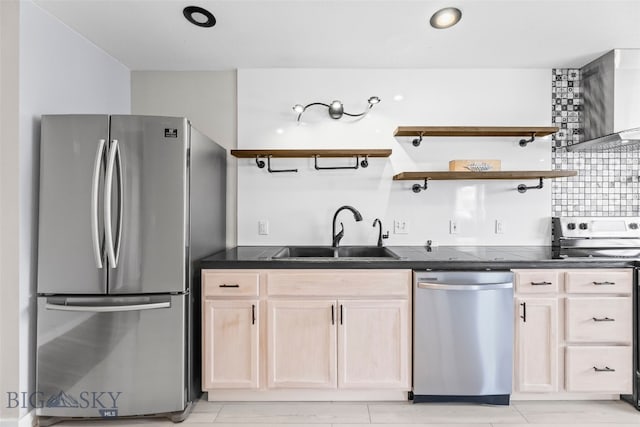 1304 Absaroka Ct, Livingston, MT 59047 - kitchen with stainless steel appliances, dark countertops, light brown cabinetry, and open shelves
