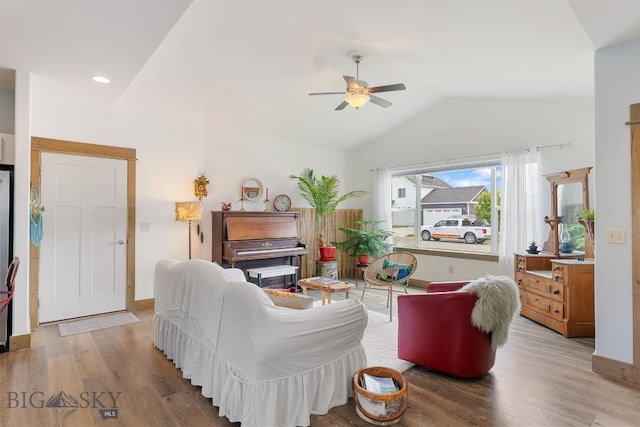 182 Snowy Owl Trl, Bozeman, MT 59718 - living area featuring lofted ceiling, a ceiling fan, wood finished floors, and recessed lighting