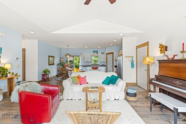 182 Snowy Owl Trl, Bozeman, MT 59718 - living area with light wood-style flooring, a ceiling fan, and recessed lighting