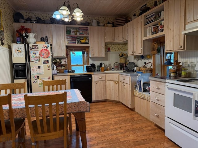 185 Howie Rd, Big Timber, MT 59011 - kitchen with electric range, black dishwasher, open shelves, light brown cabinets, and wallpapered walls