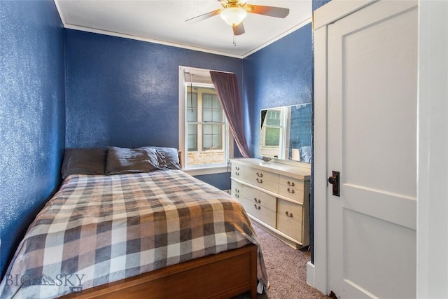 221 E Front, Butte, MT 59701 - carpeted bedroom with a textured wall, crown molding, and a ceiling fan