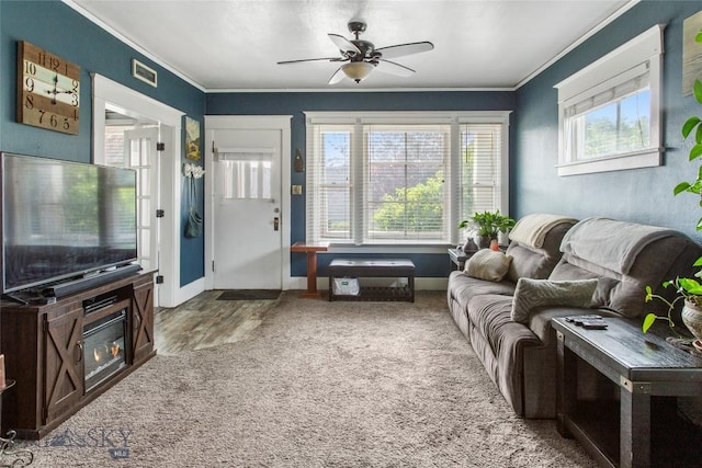 221 E Front, Butte, MT 59701 - living area with crown molding, a ceiling fan, and wood finished floors