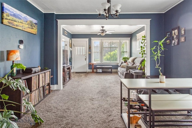 221 E Front, Butte, MT 59701 - carpeted living area with ornamental molding, a chandelier, and a ceiling fan
