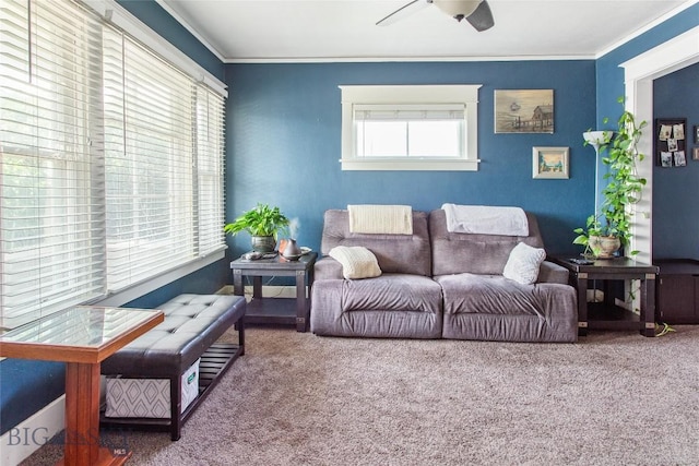 221 E Front, Butte, MT 59701 - carpeted living area featuring crown molding and ceiling fan