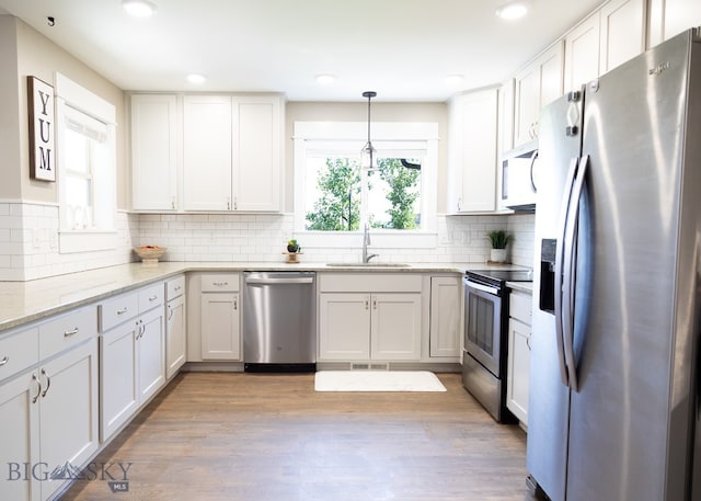 138 E Shade Tree Ln, Manhattan, MT 59741 - kitchen featuring stainless steel appliances, white cabinetry, tasteful backsplash, wood finished floors, and recessed lighting