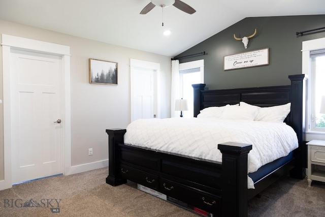 138 E Shade Tree Ln, Manhattan, MT 59741 - bedroom featuring multiple windows, carpet, vaulted ceiling, and a ceiling fan