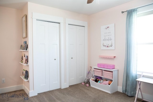 138 E Shade Tree Ln, Manhattan, MT 59741 - carpeted bedroom with two closets, multiple windows, and a ceiling fan