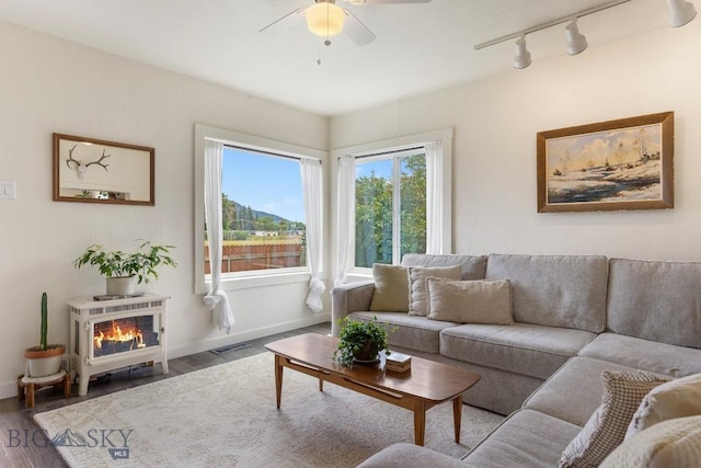 718 W Front, Livingston, MT 59047 - living room featuring track lighting, wood finished floors, and ceiling fan