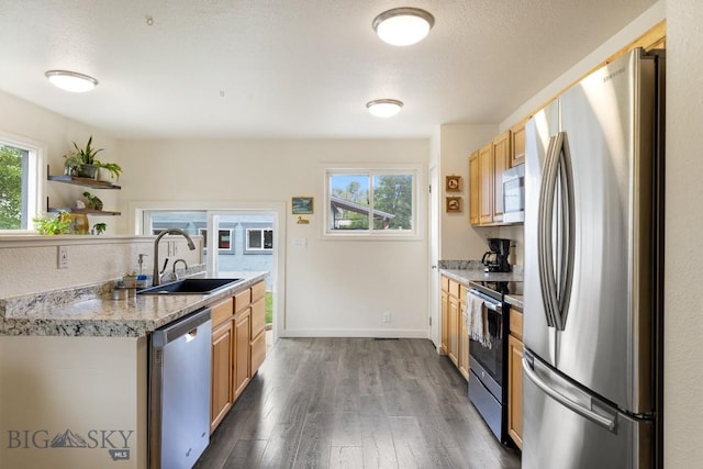 718 W Front, Livingston, MT 59047 - kitchen with stainless steel appliances, dark wood-style floors, open shelves, and light countertops