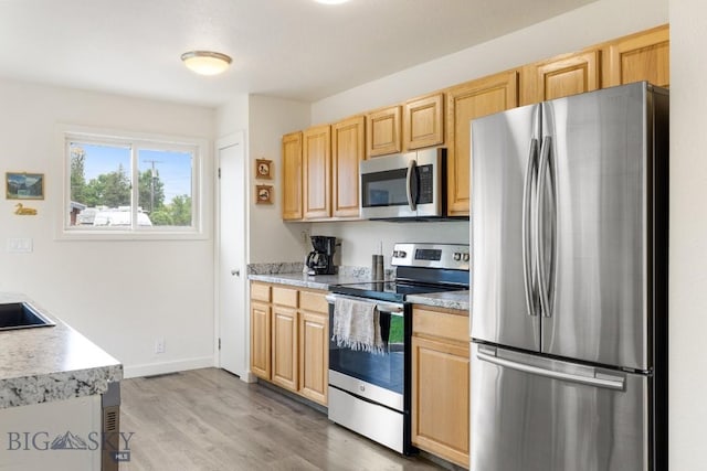 718 W Front, Livingston, MT 59047 - kitchen with stainless steel appliances, light countertops, light wood-style flooring, and light brown cabinetry