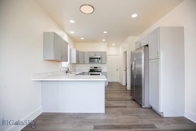894 Rogers, Bozeman, MT 59718 - kitchen with appliances with stainless steel finishes, a peninsula, light wood-type flooring, recessed lighting, and light countertops