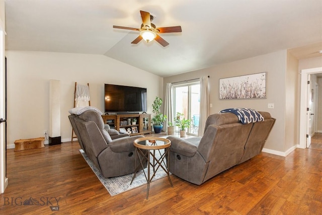 86 Tail Feather Unit C, Bozeman, MT 59718 - living area with a ceiling fan, lofted ceiling, and wood finished floors