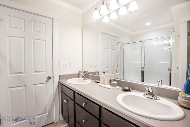 708 Pierre St, Belgrade, MT 59714 - bathroom featuring double vanity, a stall shower, and ornamental molding