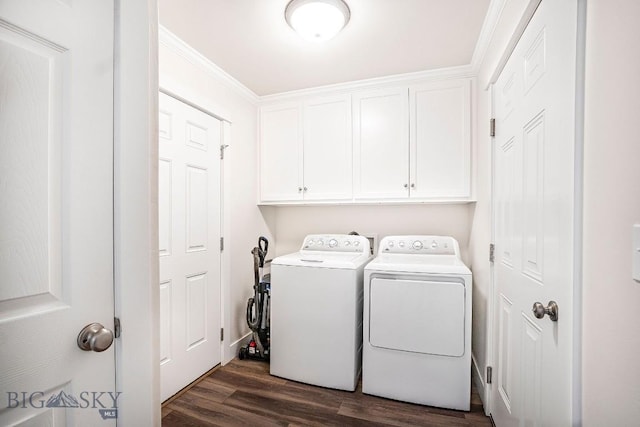 708 Pierre St, Belgrade, MT 59714 - washroom featuring cabinet space, washer and dryer, dark wood-type flooring, and ornamental molding