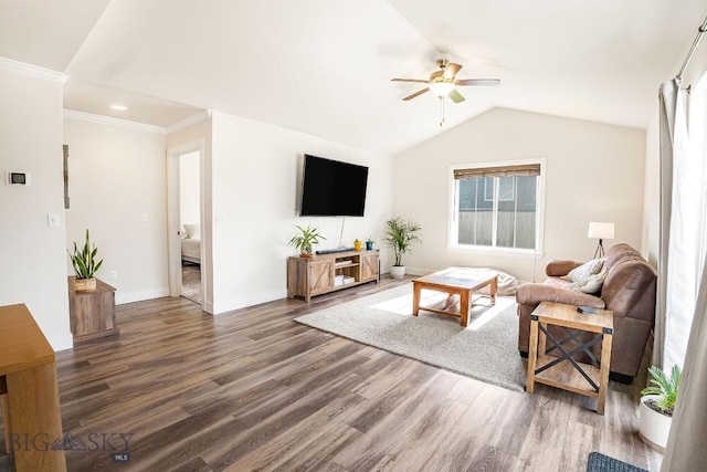 708 Pierre St, Belgrade, MT 59714 - living room with ceiling fan, wood finished floors, vaulted ceiling, and ornamental molding
