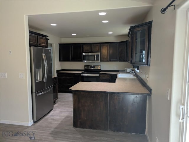 477 W River Rock, Belgrade, MT 59714 - kitchen featuring stainless steel appliances, light wood-style floors, a peninsula, recessed lighting, and dark brown cabinetry