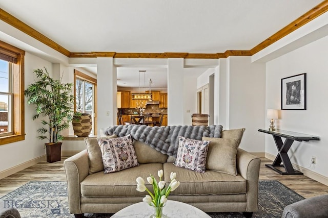 3609 Fieldstone W, Bozeman, MT 59715 - living room featuring light wood-style flooring and crown molding