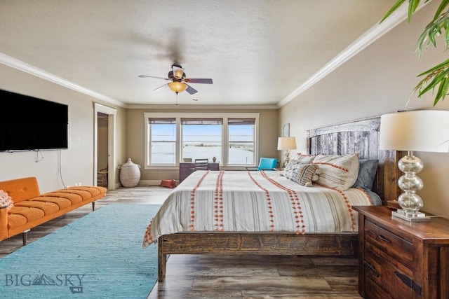 3609 Fieldstone W, Bozeman, MT 59715 - bedroom featuring crown molding, wood finished floors, and a ceiling fan
